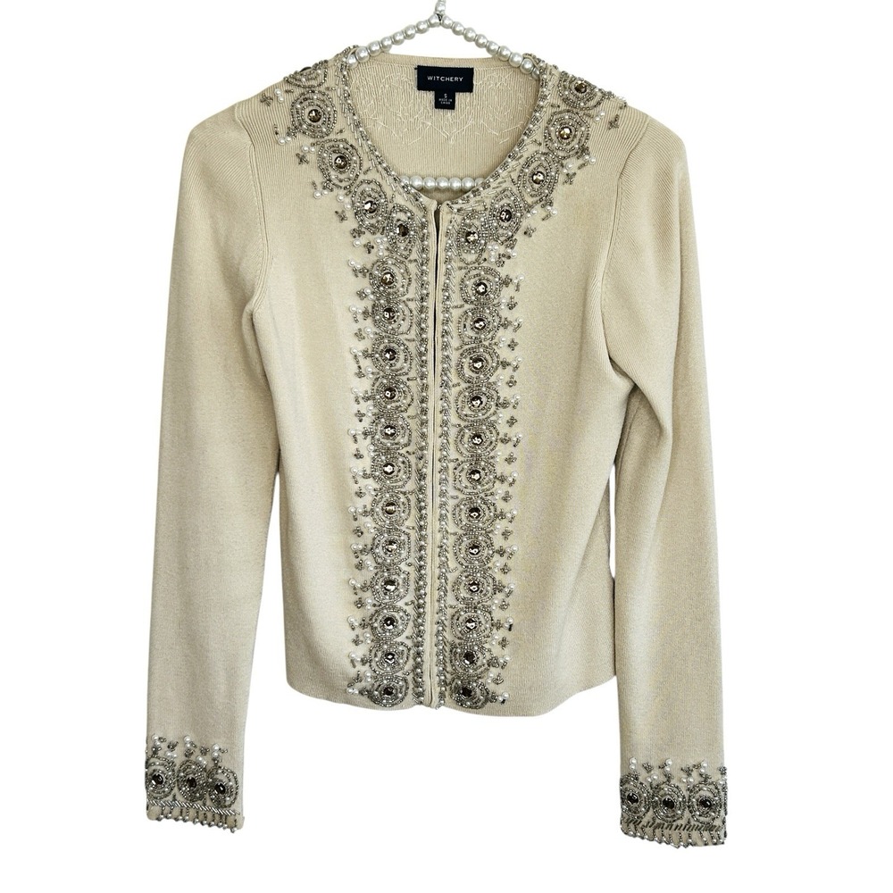 Witchery Beaded Knit Cardigan S Fairy Retro Regency Romantic French Embellished